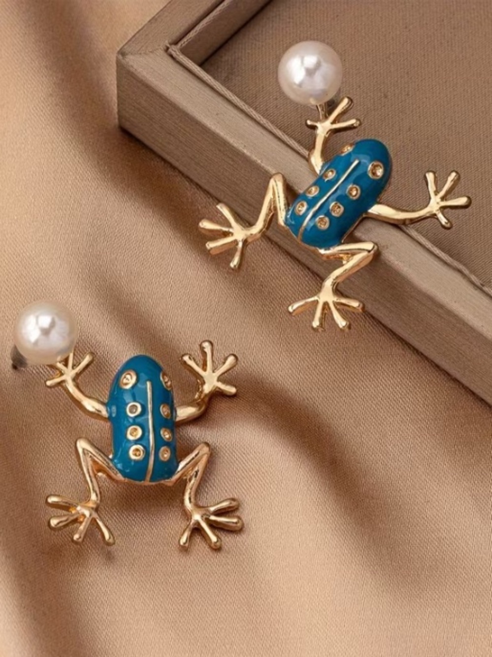 Teal & Gold Frog with Pearl Stud Earrings
